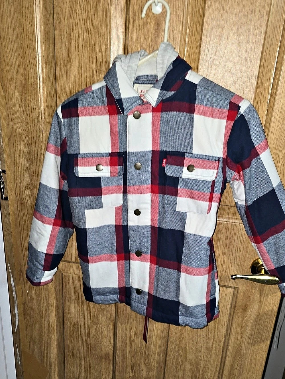 Levi'Small Boys Sherpa-Lined Plaid Hooded Shacket Blue & Red Small